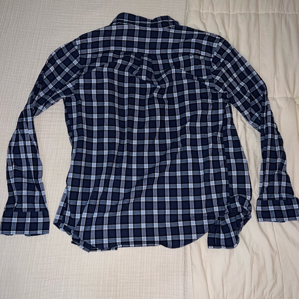 Navy blue and white button down shirt